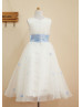 Ivory Satin Organza Flower Decorated Tea Length Flower Girl Dress